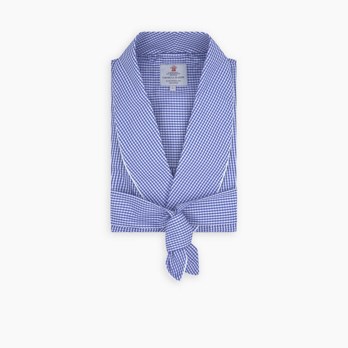 Mid Blue Gingham Check Piped Cotton Gown Image 2