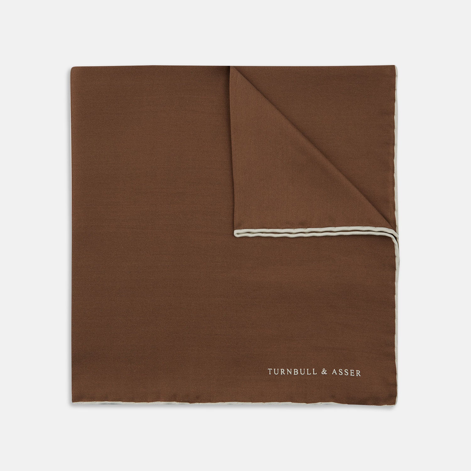 View 1 of product The Brown and White Piped Silk Pocket Square by Turnbull & Asser features a stitched edge and discreet branding—an elegant accessory for any occasion.