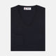 The Turnbull & Asser Indigo V-Neck Merino Wool Jumper, shown neatly folded with ribbed cuffs and a visible inner label, is a timeless essential in versatile navy, perfect for any gentleman’s wardrobe.