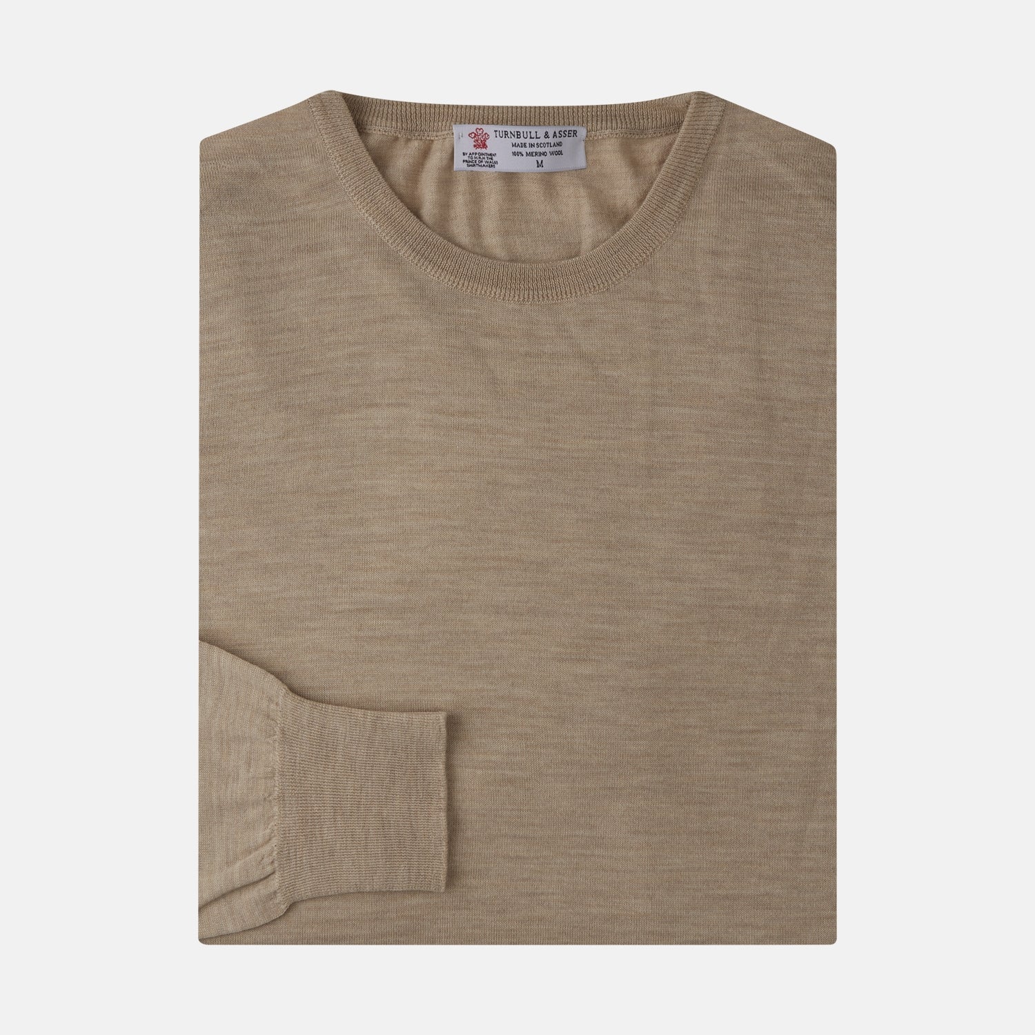 View 1 of product The Camel Fine Merino Crewneck Jumper by Turnbull & Asser is a light brown Scottish knitwear piece with a ribbed collar and cuffs, neatly displayed on a plain white background.