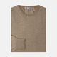 The Camel Fine Merino Crewneck Jumper by Turnbull & Asser is a light brown Scottish knitwear piece with a ribbed collar and cuffs, neatly displayed on a plain white background.