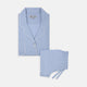 Turnbull & Asser Ladies' Blue Cotton-Cashmere Pyjama Set with white piping features a collared button-up top, neatly folded, and matching drawstring pants laid flat on a plain white background.