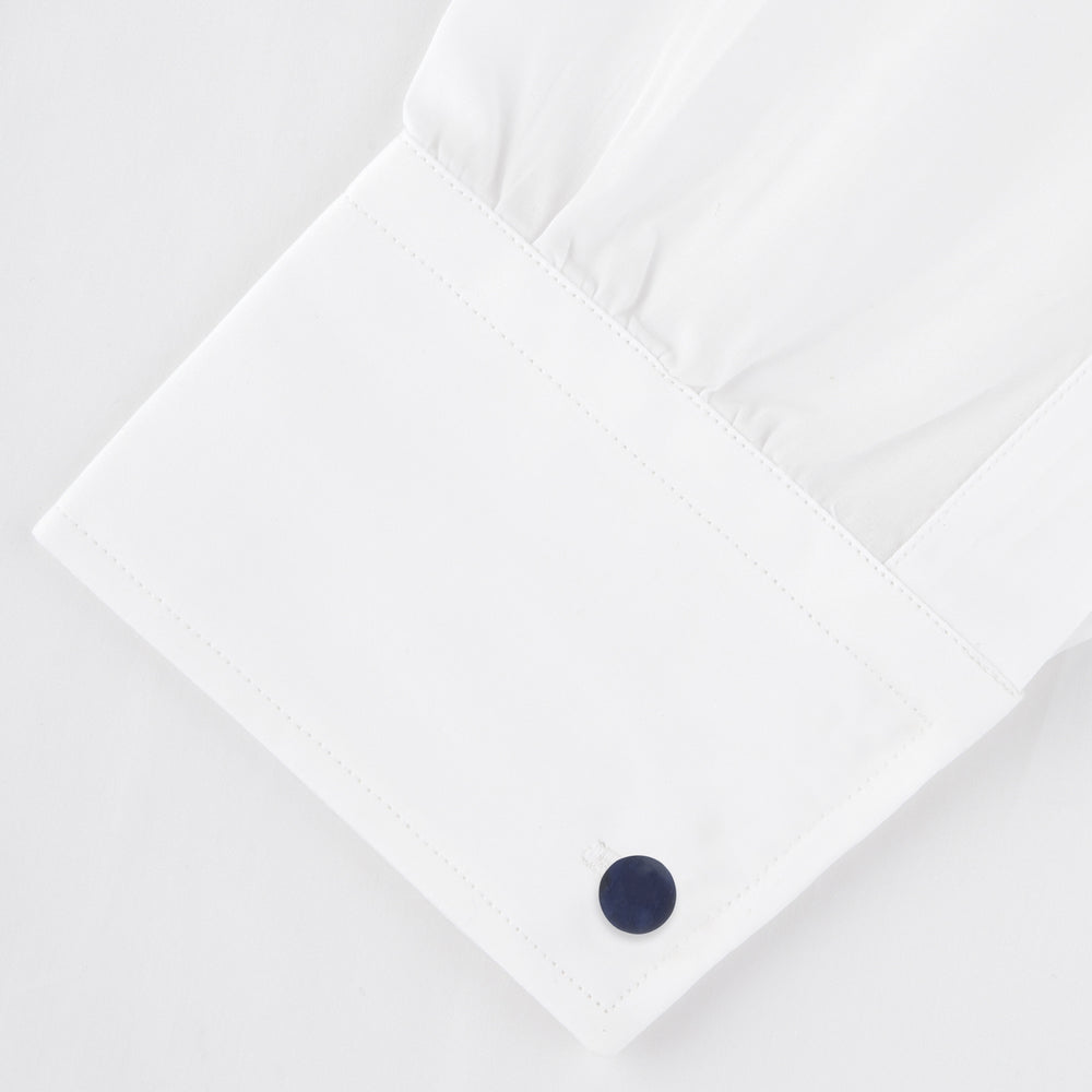 Turnbull & Asser Reversible Navy and White Bulb Sterling Silver Cufflinks feature curved silver stems with one navy and one mother-of-pearl round end per cufflink—an elegant black tie accessory, shown on a plain white background.