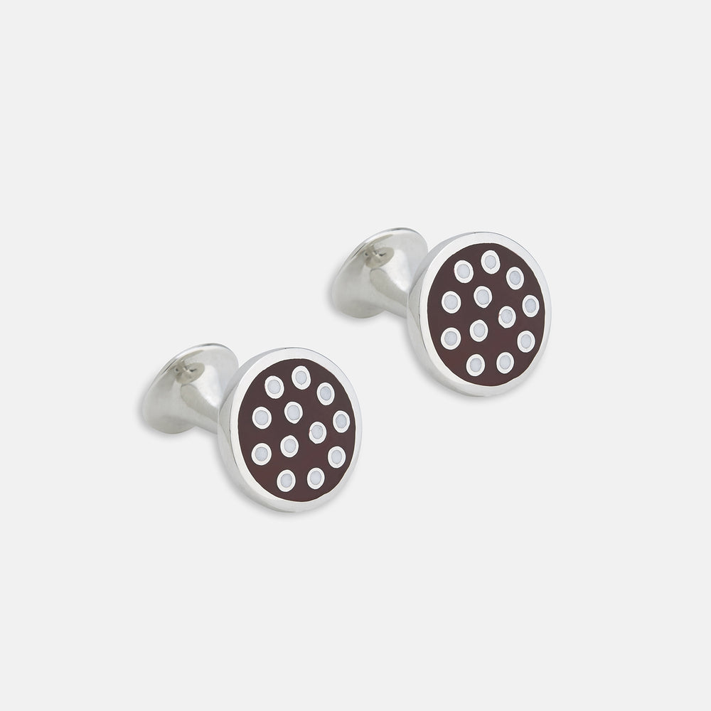 Turnbull & Asser’s Spotted Burgundy and White Sterling Silver Enamelled Cufflinks add subtle sophistication to your smart attire with a stylish dot pattern on a rich background.