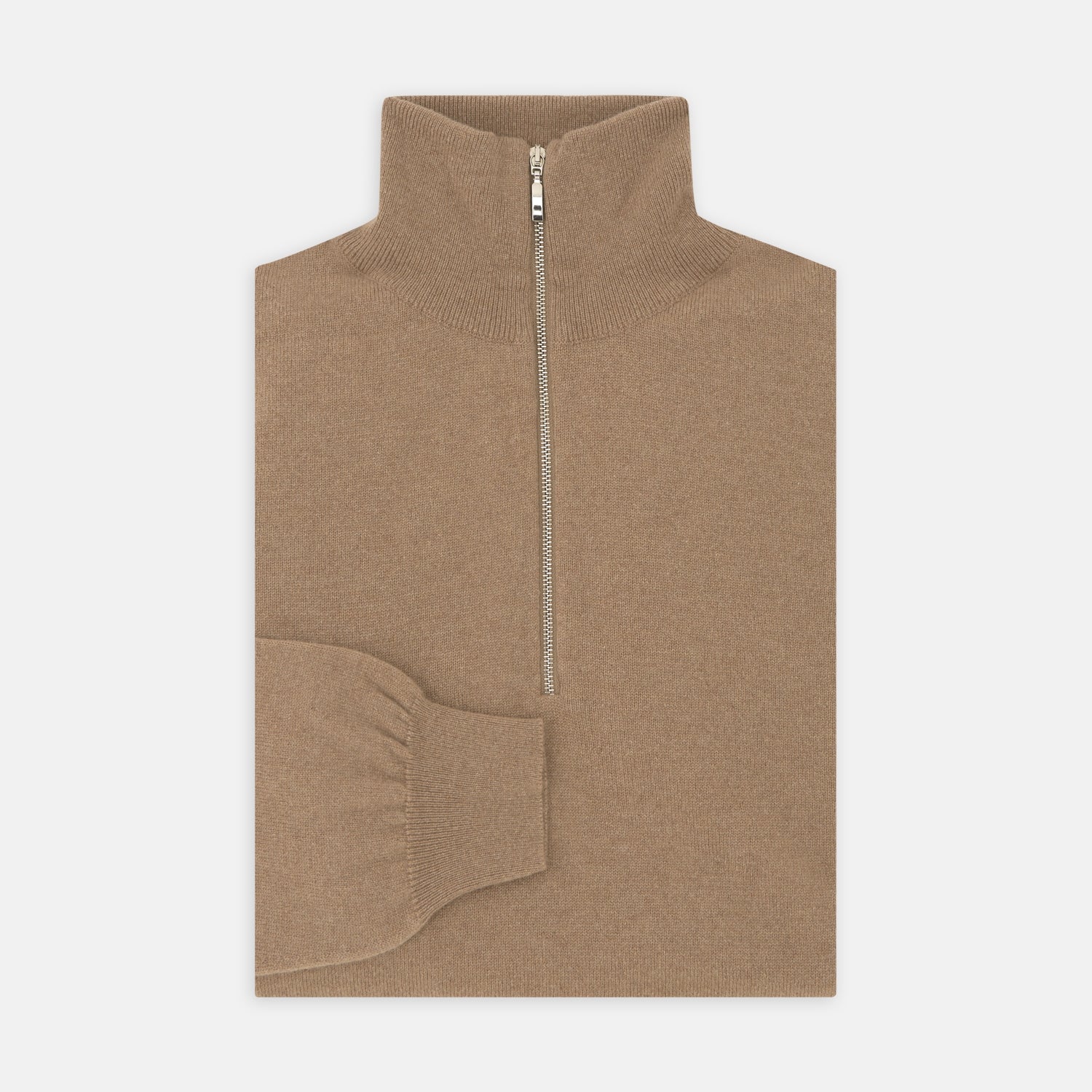 View 1 of product The Turnbull & Asser Natural Half-Zip Cashmere Jumper, light brown with a high collar and silver zip, is folded neatly against a white background. One sleeve shows its ribbed cuff—ideal for stylish layering.