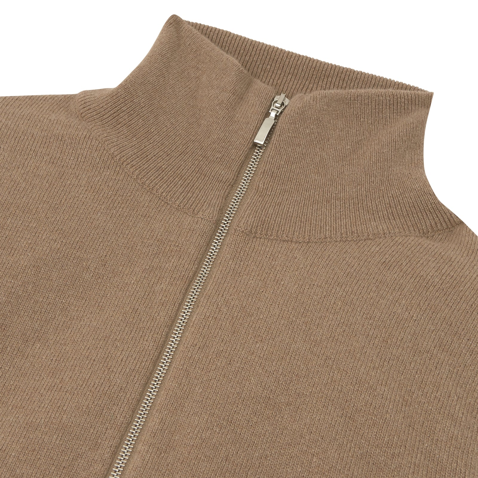 View 2 of product The Turnbull & Asser Natural Half-Zip Cashmere Jumper, light brown with a high collar and silver zip, is folded neatly against a white background. One sleeve shows its ribbed cuff—ideal for stylish layering.