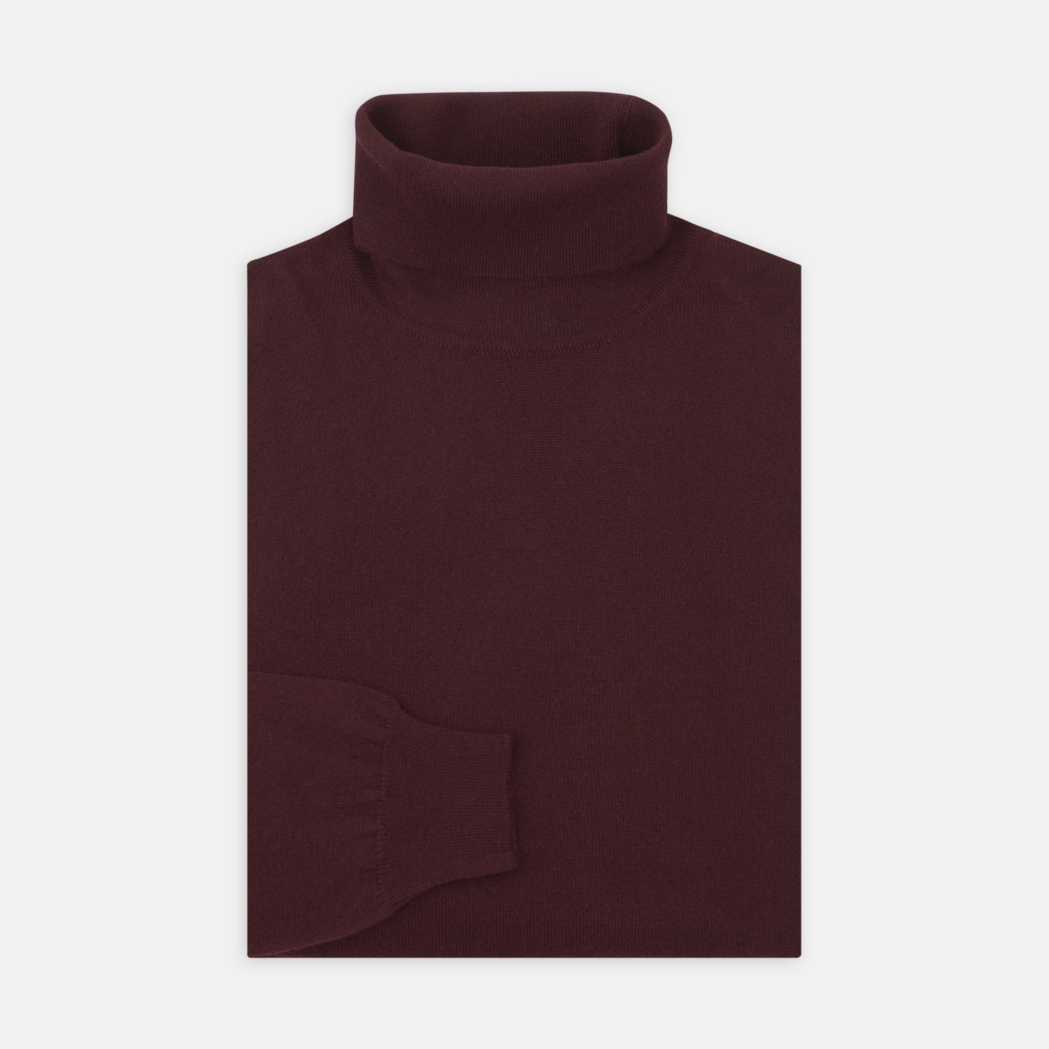 View 1 of product A folded, long-sleeve Port Cashmere Roll Neck Jumper by Turnbull & Asser in burgundy is displayed on a white background, highlighting this stylish men's autumn piece.
