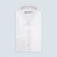 The Turnbull & Asser White Superfine Oxford Cotton Shirt features a T&A collar, double cuffs, and a left chest pocket. Displayed on a light gray background, it includes a visible label inside the collar—ideal for smart evening wear.
