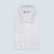 The Turnbull & Asser White Superfine Oxford Cotton Shirt features a T&A collar and 3-button cuffs, elegantly displayed against a light grey background.