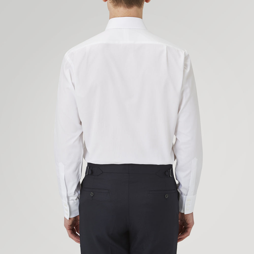 The Turnbull & Asser White Superfine Oxford Cotton Shirt features a T&A collar and 3-button cuffs, elegantly displayed against a light grey background.