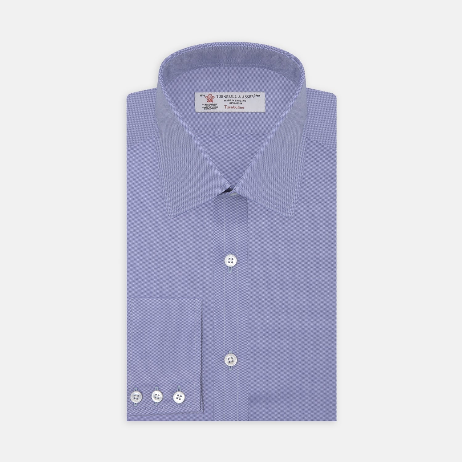 View 1 of product A Blue Superfine Oxford Cotton Shirt by Turnbull & Asser, featuring a T&A collar and 3-button cuffs, is displayed against a plain white background.