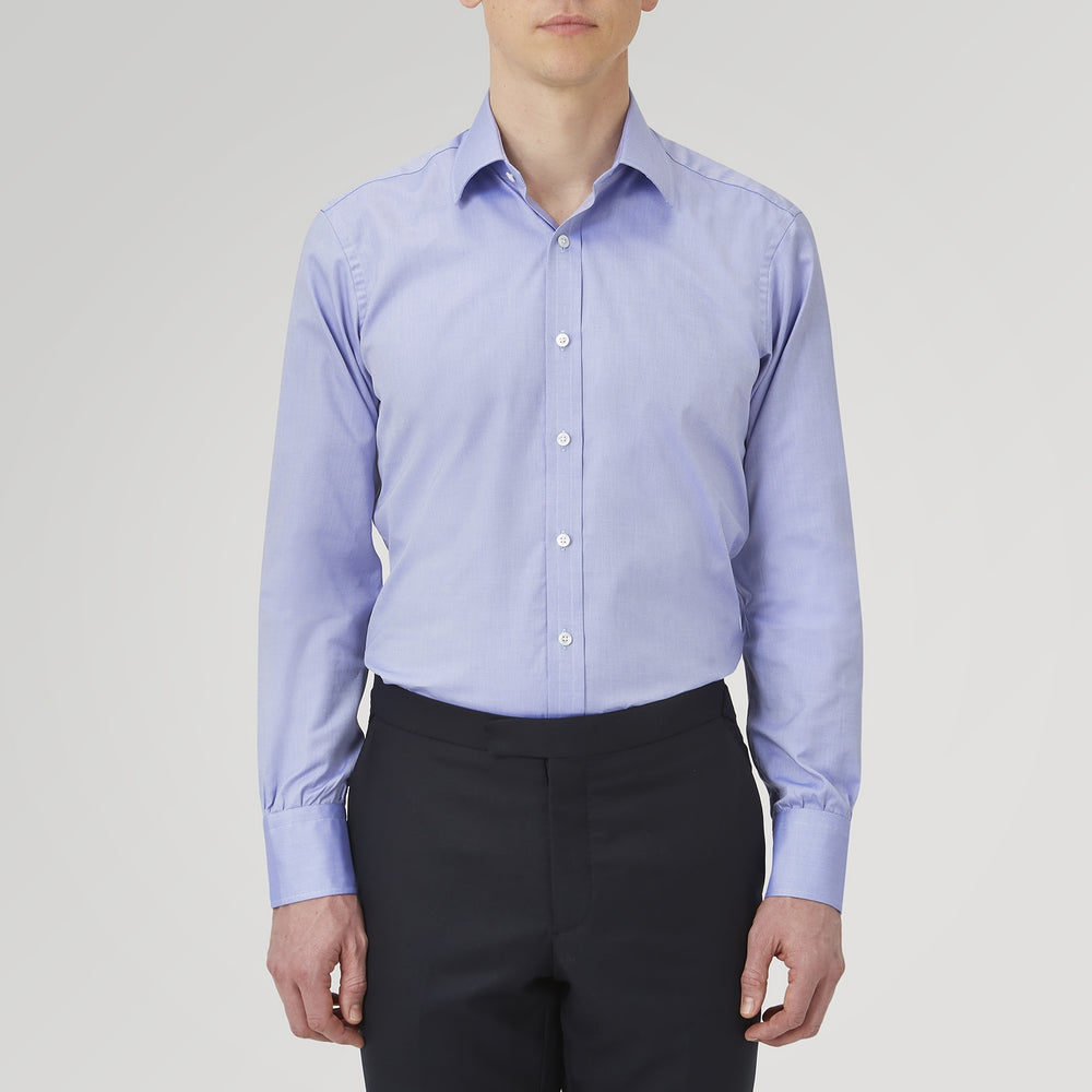 A Blue Superfine Oxford Cotton Shirt by Turnbull & Asser, featuring a T&A collar and 3-button cuffs, is displayed against a plain white background.