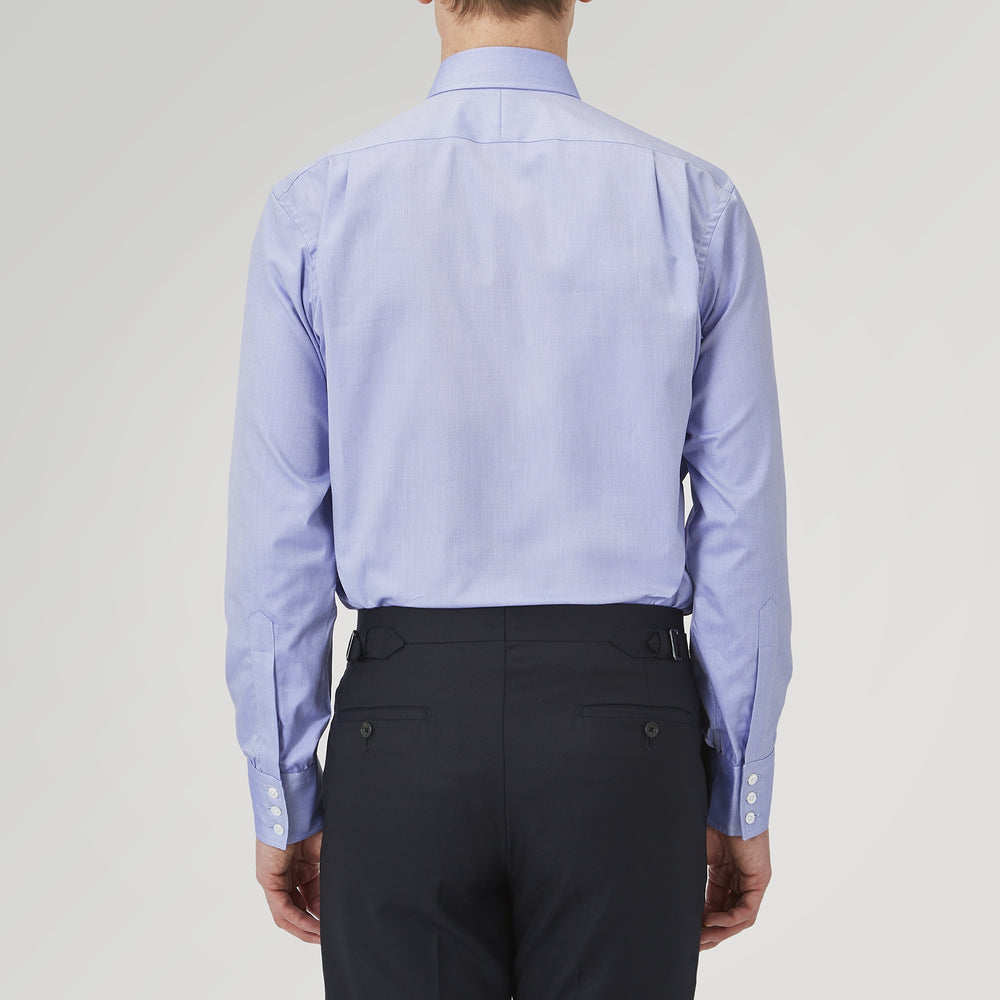 A Blue Superfine Oxford Cotton Shirt by Turnbull & Asser, featuring a T&A collar and 3-button cuffs, is displayed against a plain white background.