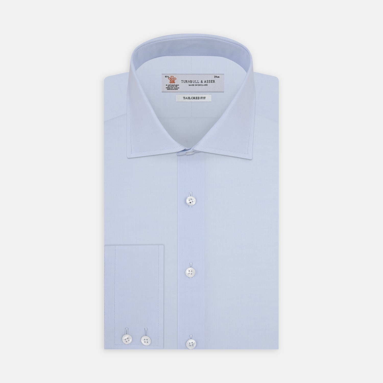 View 1 of product Turnbull & Asser's Tailored Fit Two-Fold 120 Light Blue Shirt features a classic Kent collar, white buttons, long sleeves with 2-button cuffs, and an inner collar label.