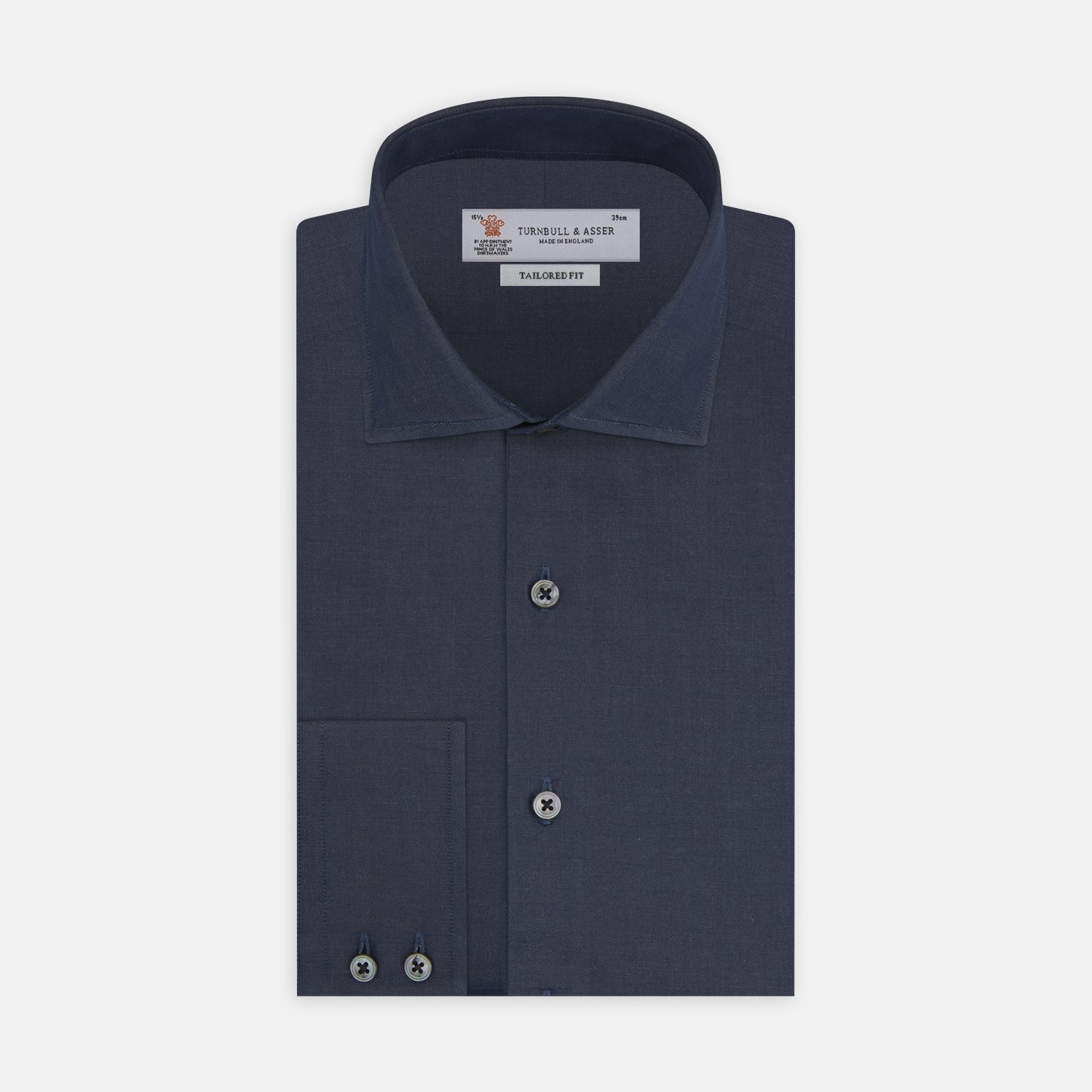 View 1 of product A neatly folded Tailored Fit Navy Cashmere Blend Shirt with a Kent collar and 2-button cuffs by Turnbull & Asser is shown on a plain white background.