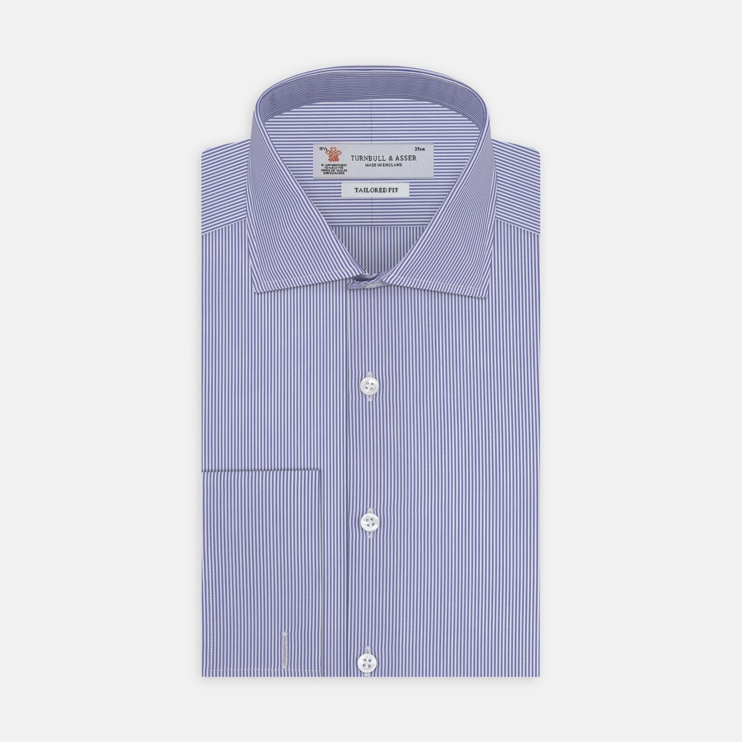 View 1 of product The Turnbull & Asser Tailored Fit Blue Fine Bengal Stripe Cotton Shirt features a Kent collar, double cuffs, and thin white stripes. Displayed neatly folded against a white background.