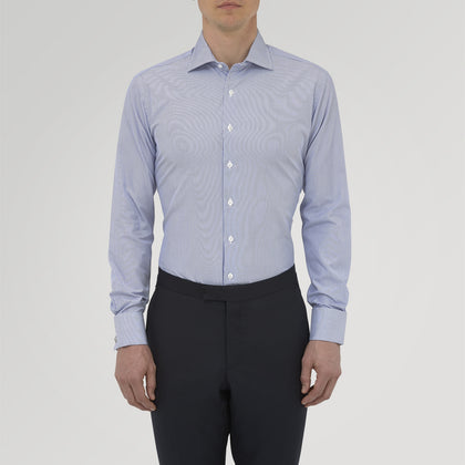 Tailored Fit Blue Fine Bengal Stripe Cotton Shirt with Kent Collar and Double Cuffs Image 1
