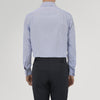 View 3 of product The Turnbull & Asser Tailored Fit Blue Fine Bengal Stripe Cotton Shirt features a Kent collar, double cuffs, and thin white stripes. Displayed neatly folded against a white background.
