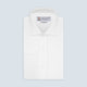 A neatly folded Turnbull & Asser Tailored Fit White Marcella Front Shirt with a Kent collar and double cuffs is displayed against a light grey background, with the label inside the collar visible.