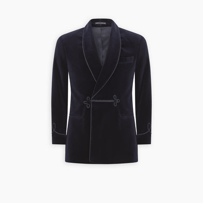 Navy Double Breasted Velvet Smoking Jacket Image 2