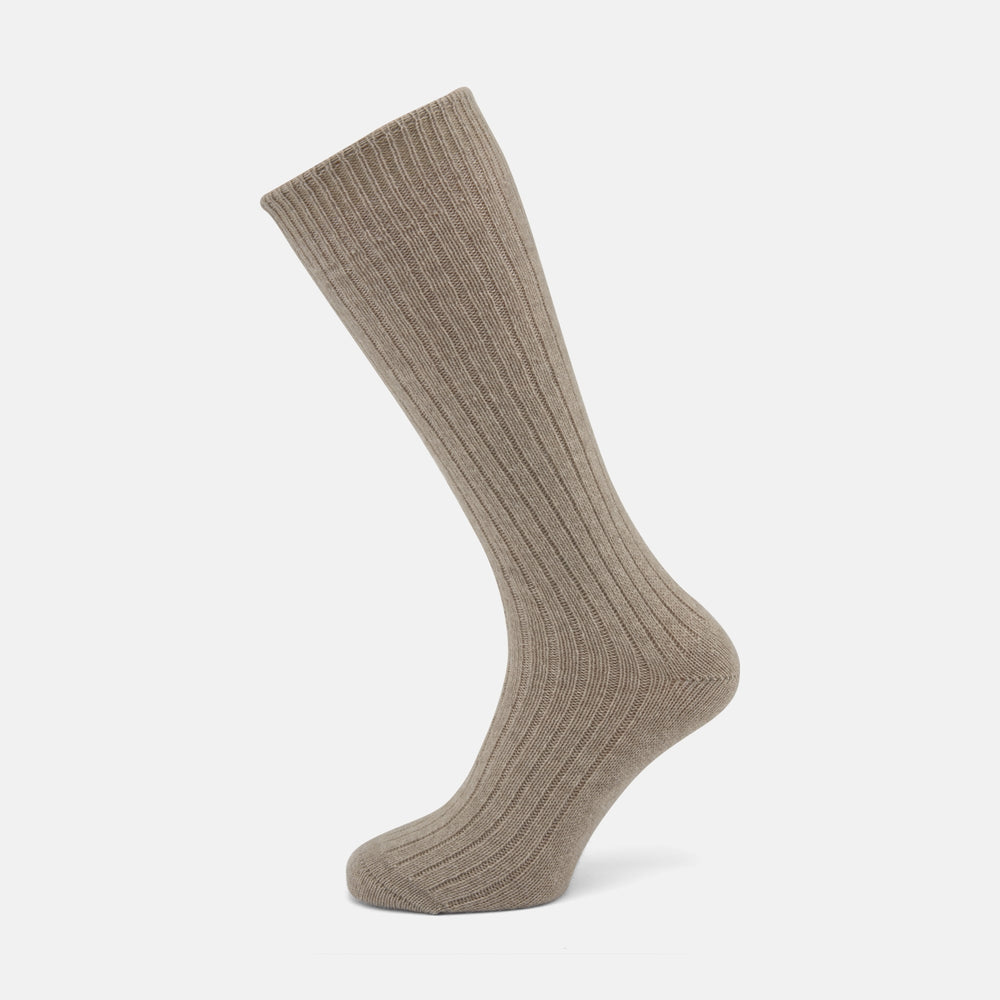 A single Turnbull & Asser Light Brown 3/4 Length Cashmere Sock is shown upright on a plain white background.