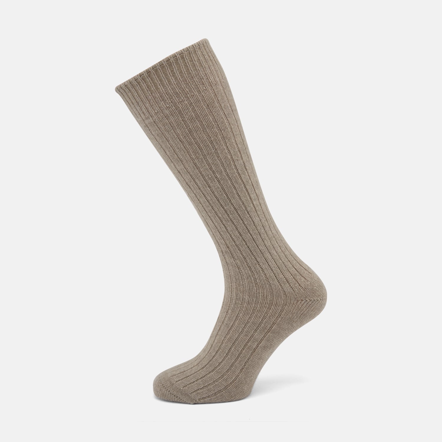 View 1 of product A single Turnbull & Asser Light Brown 3/4 Length Cashmere Sock is shown upright on a plain white background.