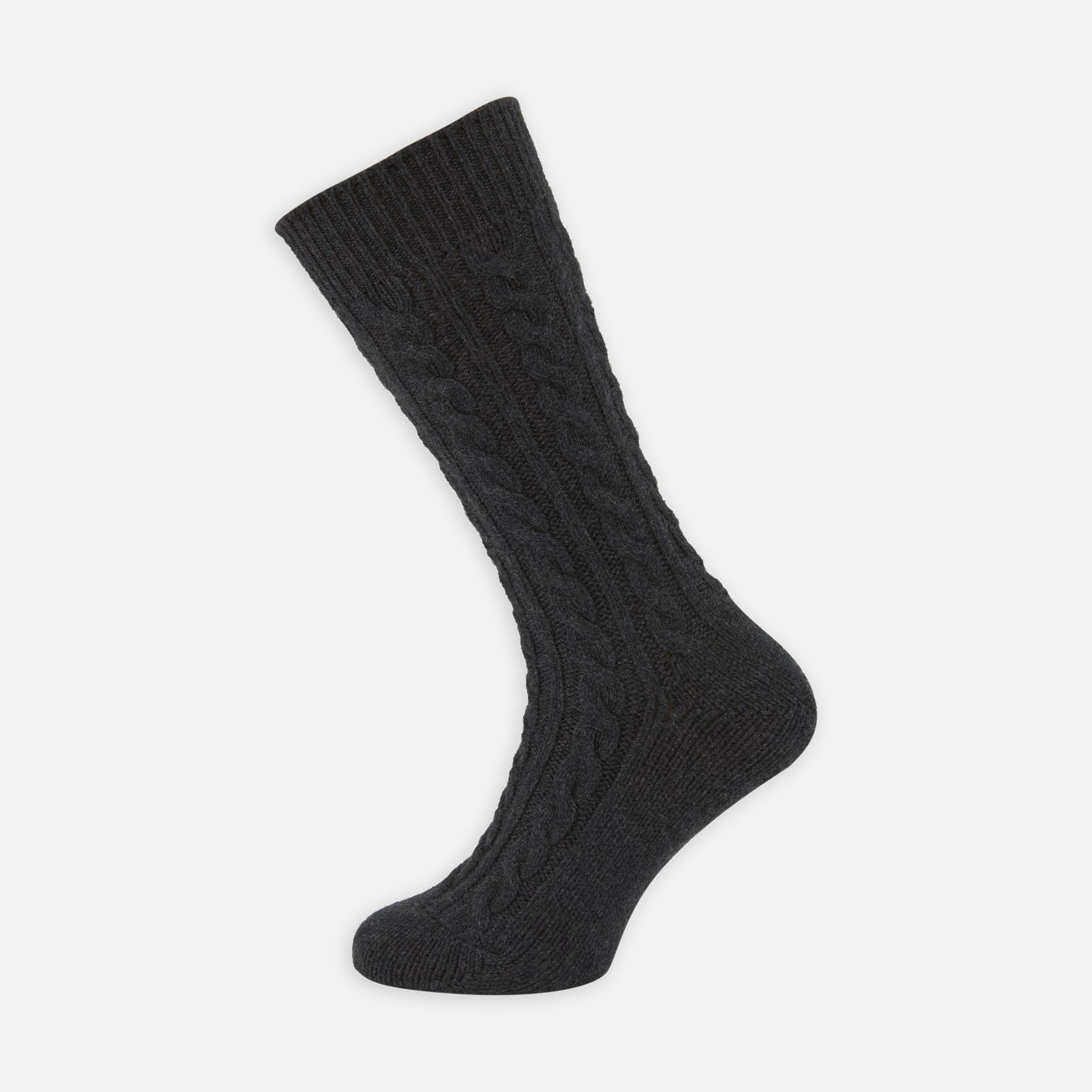 View 1 of product A Charcoal Cable Knit Cashmere Sock by Turnbull & Asser, featuring a ribbed cuff, is shown against a plain white background.