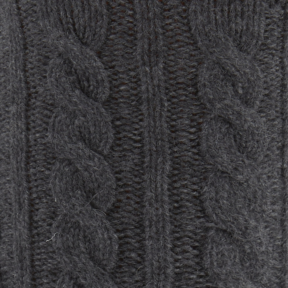 The Dark Grey Cashmere Cable-Knit Sock by Turnbull & Asser stands upright against a white background, featuring a mid-calf length, ribbed cuff, and thick cable-knit design for a luxurious, premium feel.