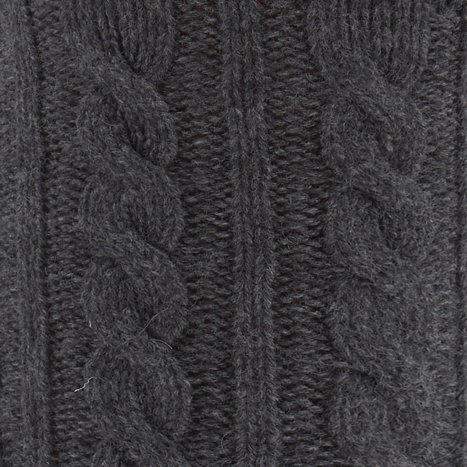 View 2 of product The Dark Grey Cashmere Cable-Knit Sock by Turnbull & Asser stands upright against a white background, featuring a mid-calf length, ribbed cuff, and thick cable-knit design for a luxurious, premium feel.