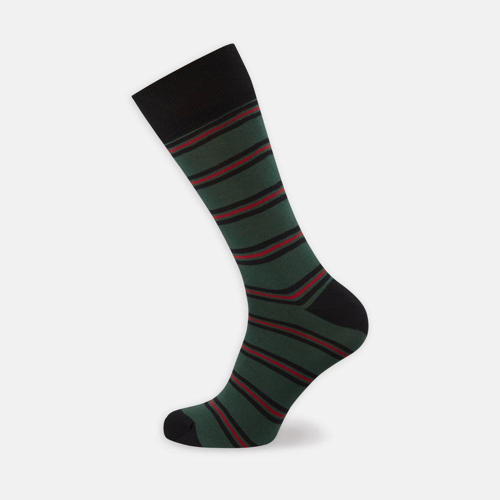 The Turnbull & Asser Forest Green, Black and Red Stripe Cotton Mix Short Sock features a black toe, heel, and cuff—comfortably made in Britain—shown on a plain white background.
