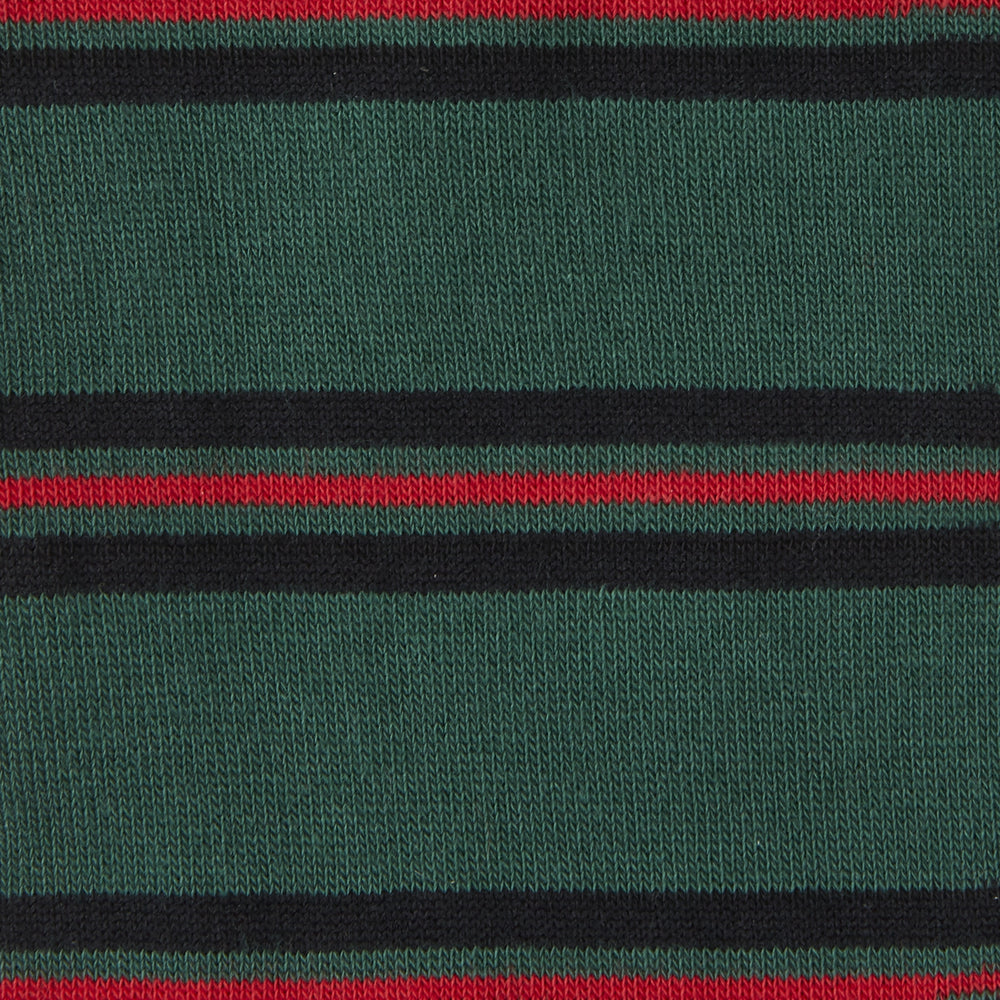 The Turnbull & Asser Forest Green, Black and Red Stripe Cotton Mix Short Sock features a black toe, heel, and cuff—comfortably made in Britain—shown on a plain white background.