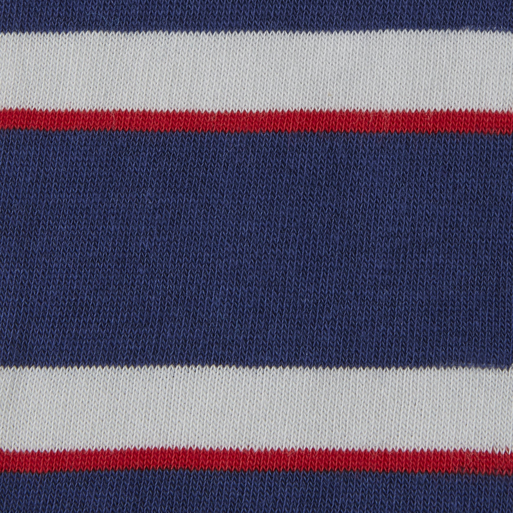 A Turnbull & Asser Navy, Red and White Stripe Cotton Mix Short Sock is shown on a white background, featuring thick white stripes with thin red lines. Made in Britain.