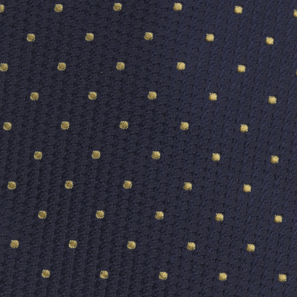 The Turnbull & Asser Navy and Gold Spot Lace Silk Tie, ideal for office wear, is shown rolled up on a white background.