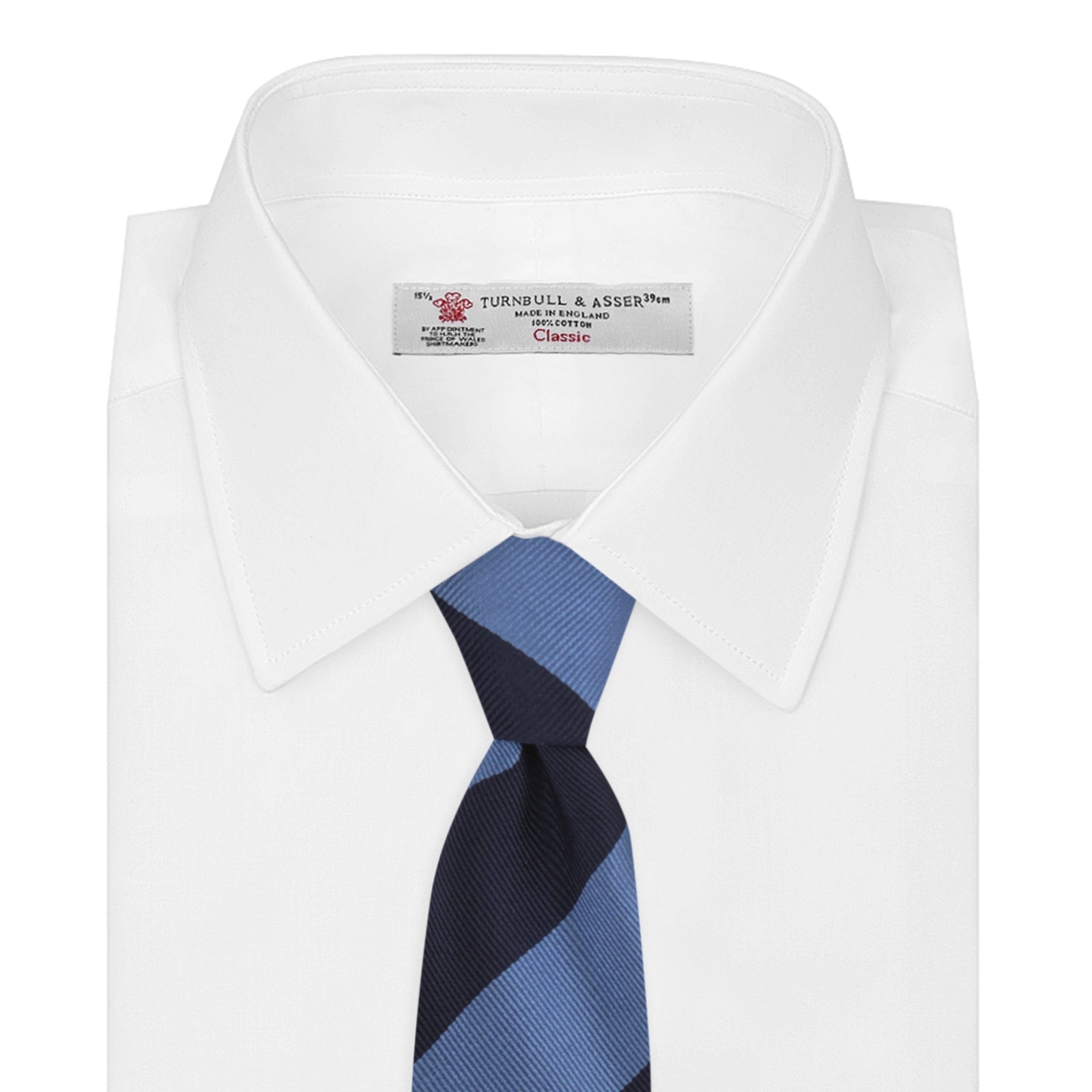 View 2 of product The Turnbull & Asser Navy and Blue Block Stripe Repp Silk Tie features wide navy and blue diagonal stripes on luxurious textured silk, elegantly presented against a white background.