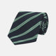 The Turnbull & Asser Navy, Green and White Multi Repp Stripe Silk Tie features elegant diagonal stripes, making it a classic accessory for any occasion. Shown rolled on a white background.