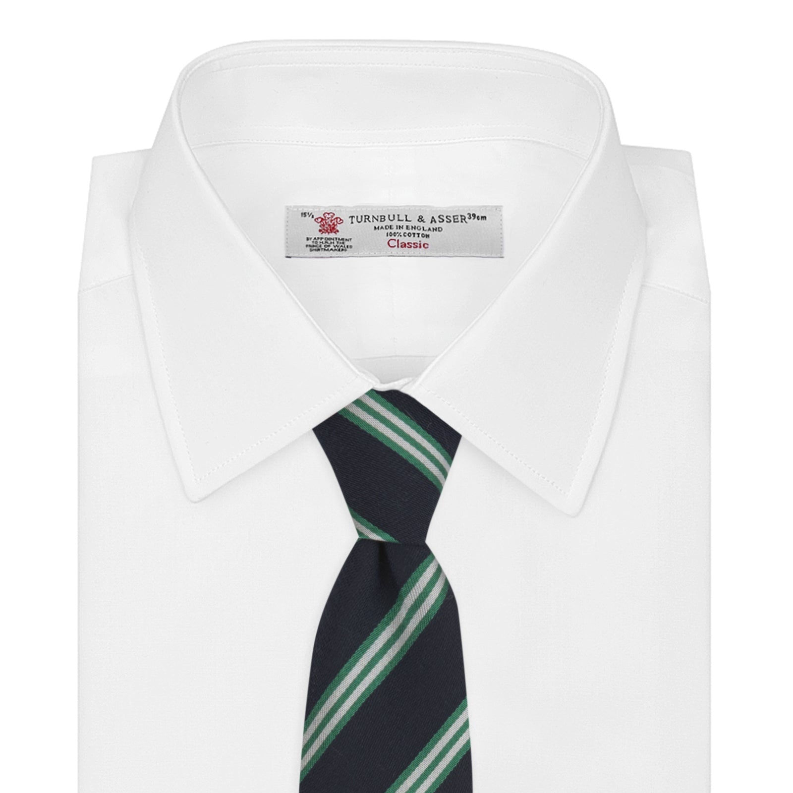 View 2 of product The Turnbull & Asser Navy, Green and White Multi Repp Stripe Silk Tie features elegant diagonal stripes, making it a classic accessory for any occasion. Shown rolled on a white background.