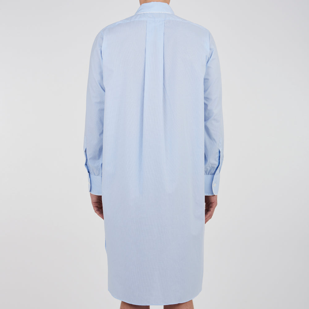 The Turnbull & Asser Sky Blue Micro-Check Cotton Nightshirt features white piping on the collar, button placket, and pocket, a subtle check pattern, and a visible label inside the collar.