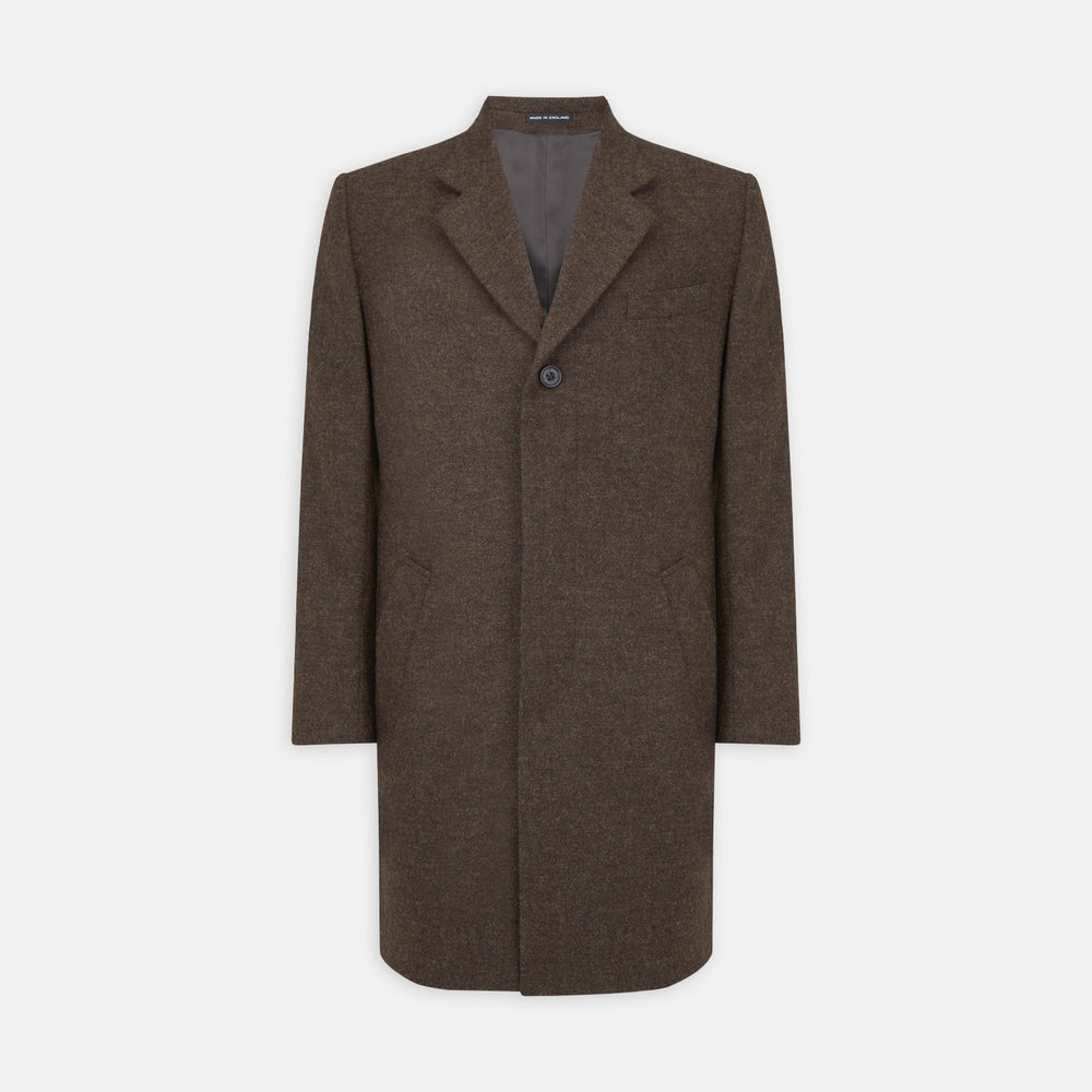 The Hopton Brown Herringbone Wool Coat by Turnbull & Asser is displayed against a white background.