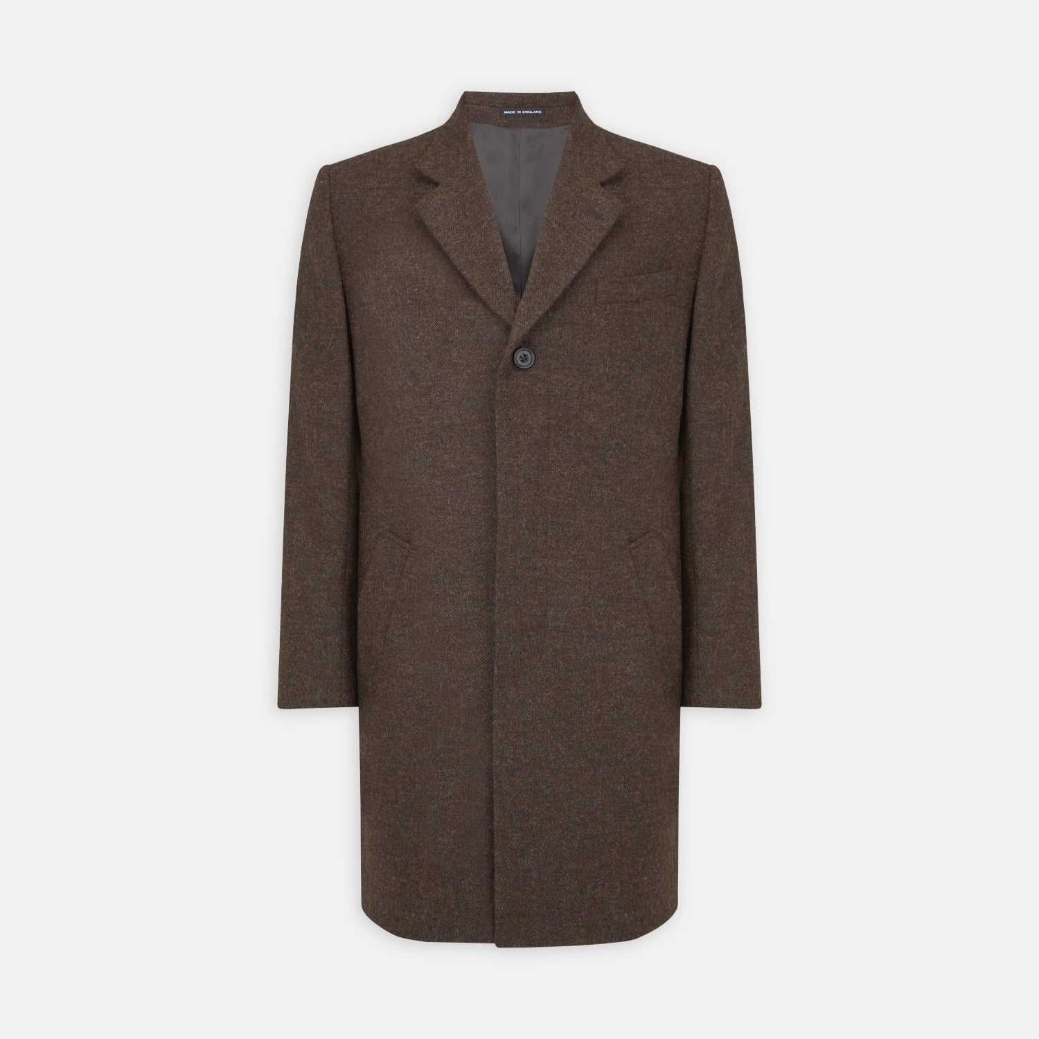 View 1 of product The Hopton Brown Herringbone Wool Coat by Turnbull & Asser is displayed against a white background.