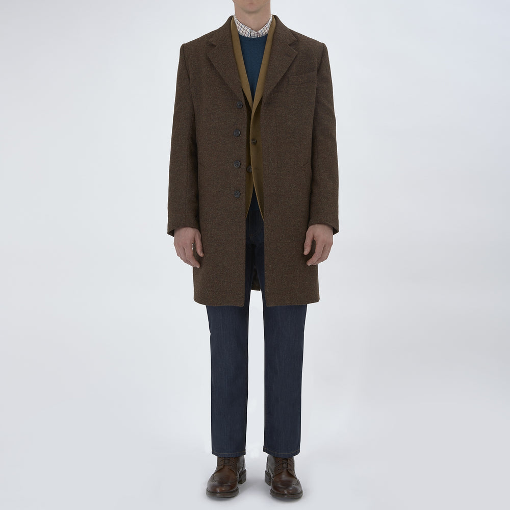 The Hopton Brown Herringbone Wool Coat by Turnbull & Asser is displayed against a white background.