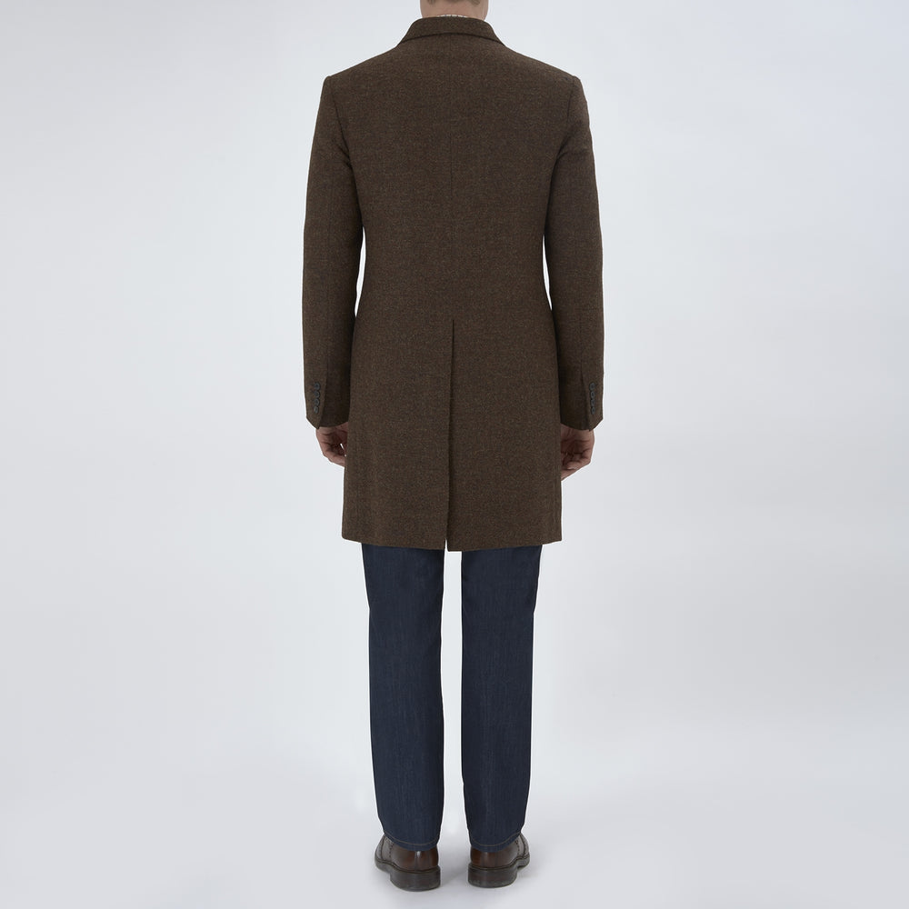 The Hopton Brown Herringbone Wool Coat by Turnbull & Asser is displayed against a white background.