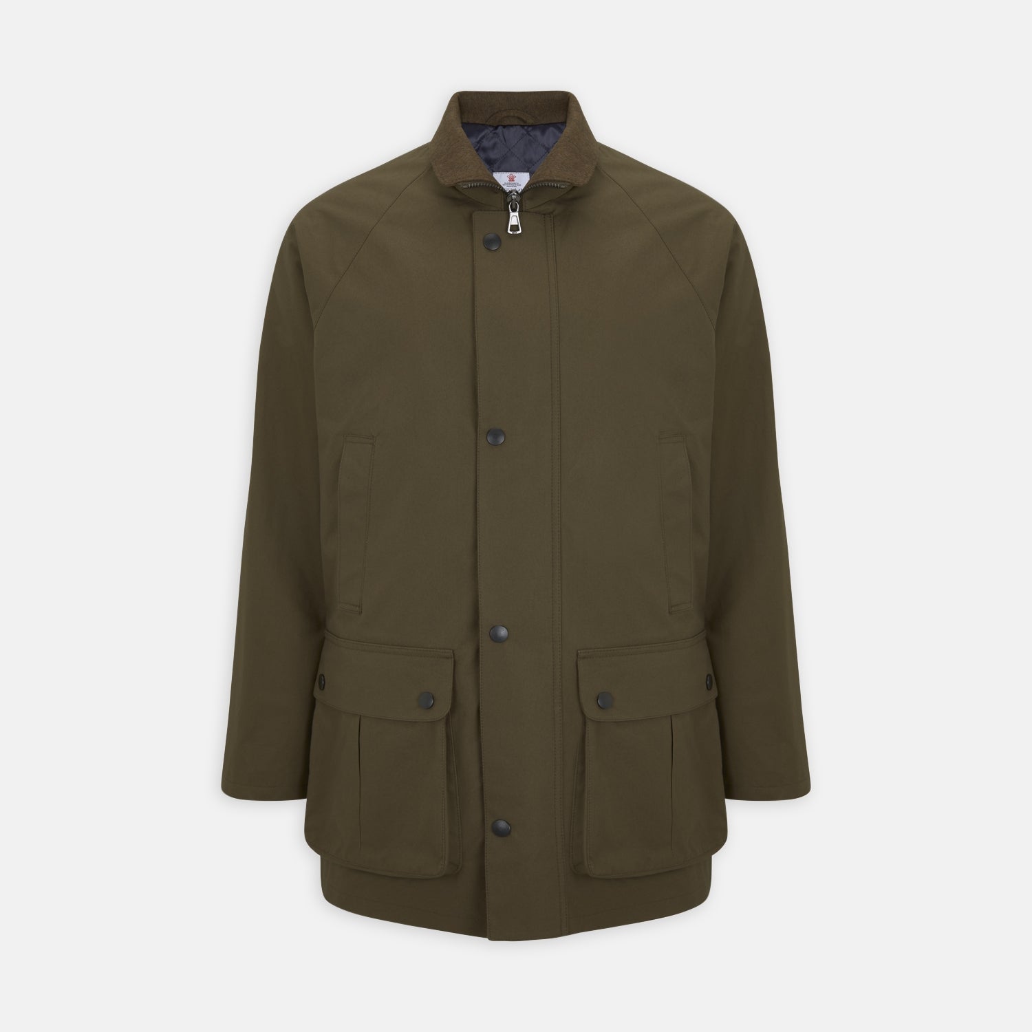 View 1 of product The Turnbull & Asser Dark Green Dry Wax Cotton Field Coat features a front zipper, snap buttons, two large flap pockets, two chest slant pockets, a stand collar, and a classic tailored design in durable dry wax cotton.