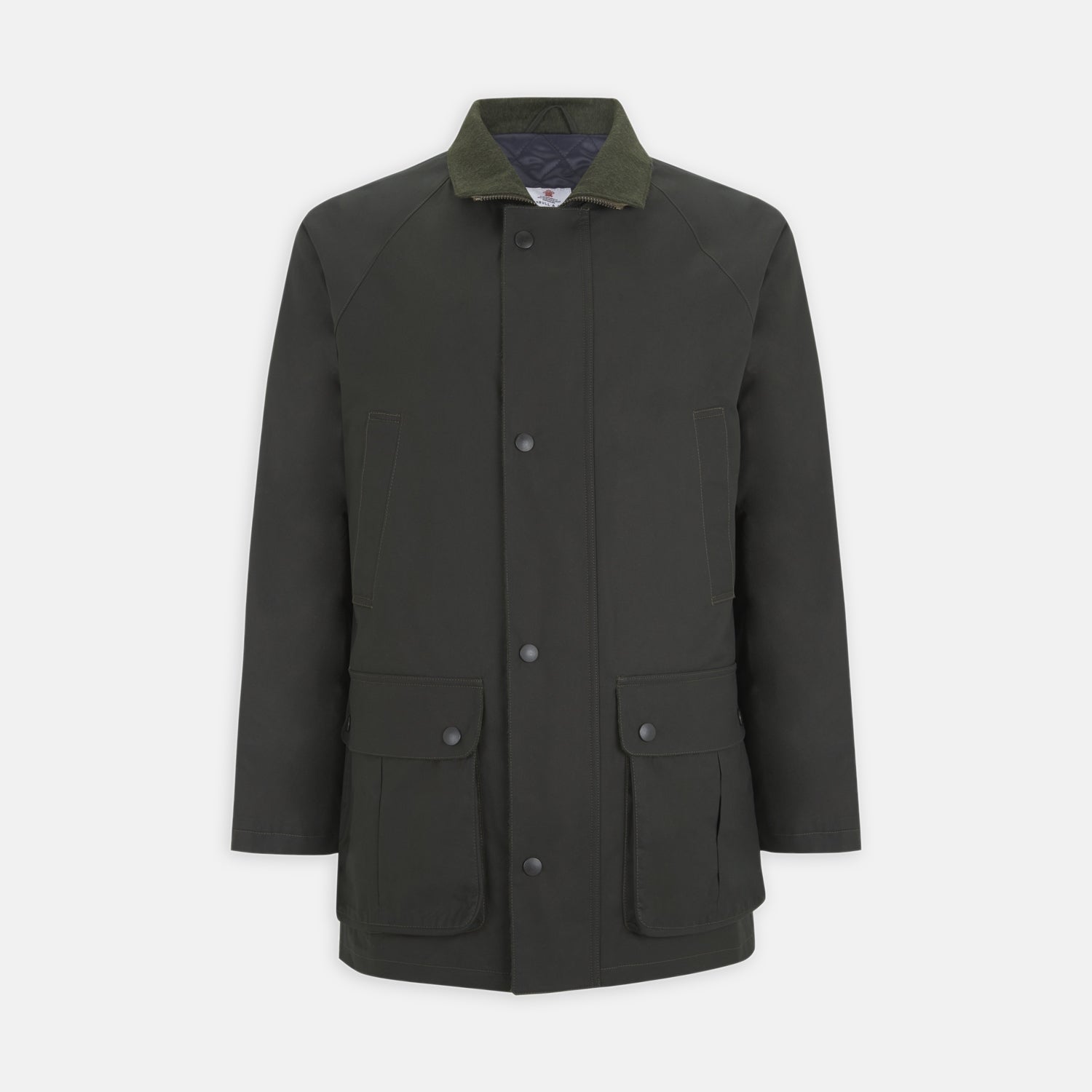 View 1 of product The Turnbull & Asser Dark Green Waxed Cotton Field Coat features a straight fit, button-up front, two large bottom flap pockets, slanted chest pockets, and a contrasting collar. Shown against a plain white background.