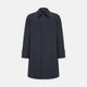 The Navy Cotton Car Coat by Turnbull & Asser features Loro Piana cotton with Rain System technology, a classic collar, concealed buttons, and long sleeves. Shown here in dark navy on a plain white background.