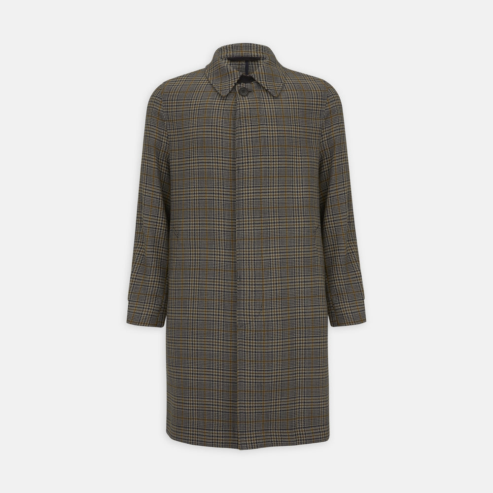 The Turnbull & Asser Checked Wool Car Coat features a straight-cut silhouette in brown and gray Prince of Wales check, classic collar, concealed front buttons, long sleeves, and a minimalist tailored design.