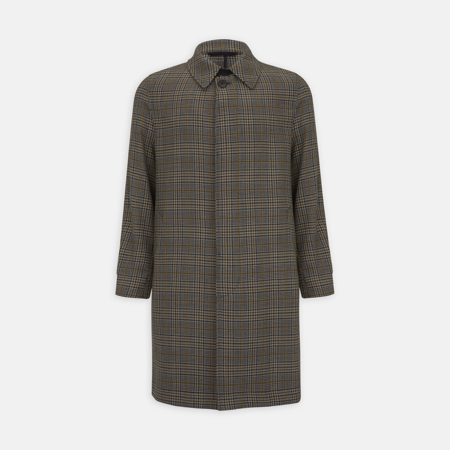 View 1 of product The Turnbull & Asser Checked Wool Car Coat features a straight-cut silhouette in brown and gray Prince of Wales check, classic collar, concealed front buttons, long sleeves, and a minimalist tailored design.