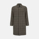 The Turnbull & Asser Checked Wool Car Coat features a straight-cut silhouette in brown and gray Prince of Wales check, classic collar, concealed front buttons, long sleeves, and a minimalist tailored design.