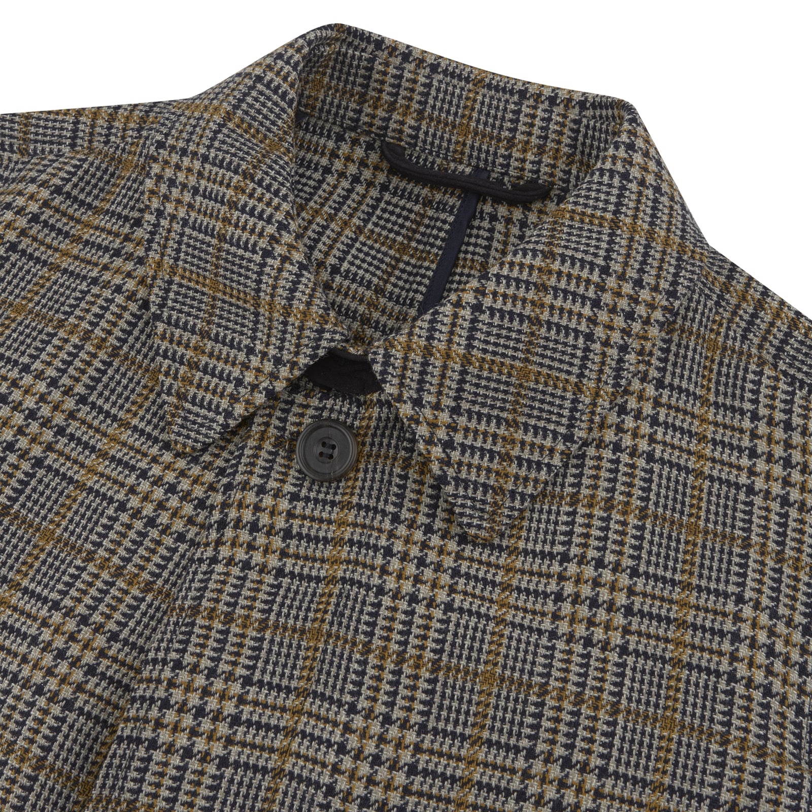 View 3 of product The Turnbull & Asser Checked Wool Car Coat features a straight-cut silhouette in brown and gray Prince of Wales check, classic collar, concealed front buttons, long sleeves, and a minimalist tailored design.