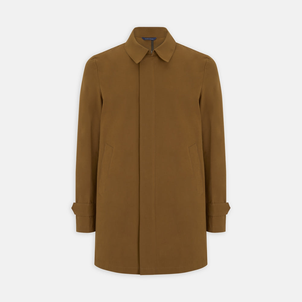The Turnbull & Asser Dark Khaki Cotton Car Coat features a classic collar, long sleeves, front welt pockets, tailored fit, and concealed button closure in a knee-length modern design, shown against a plain white background.