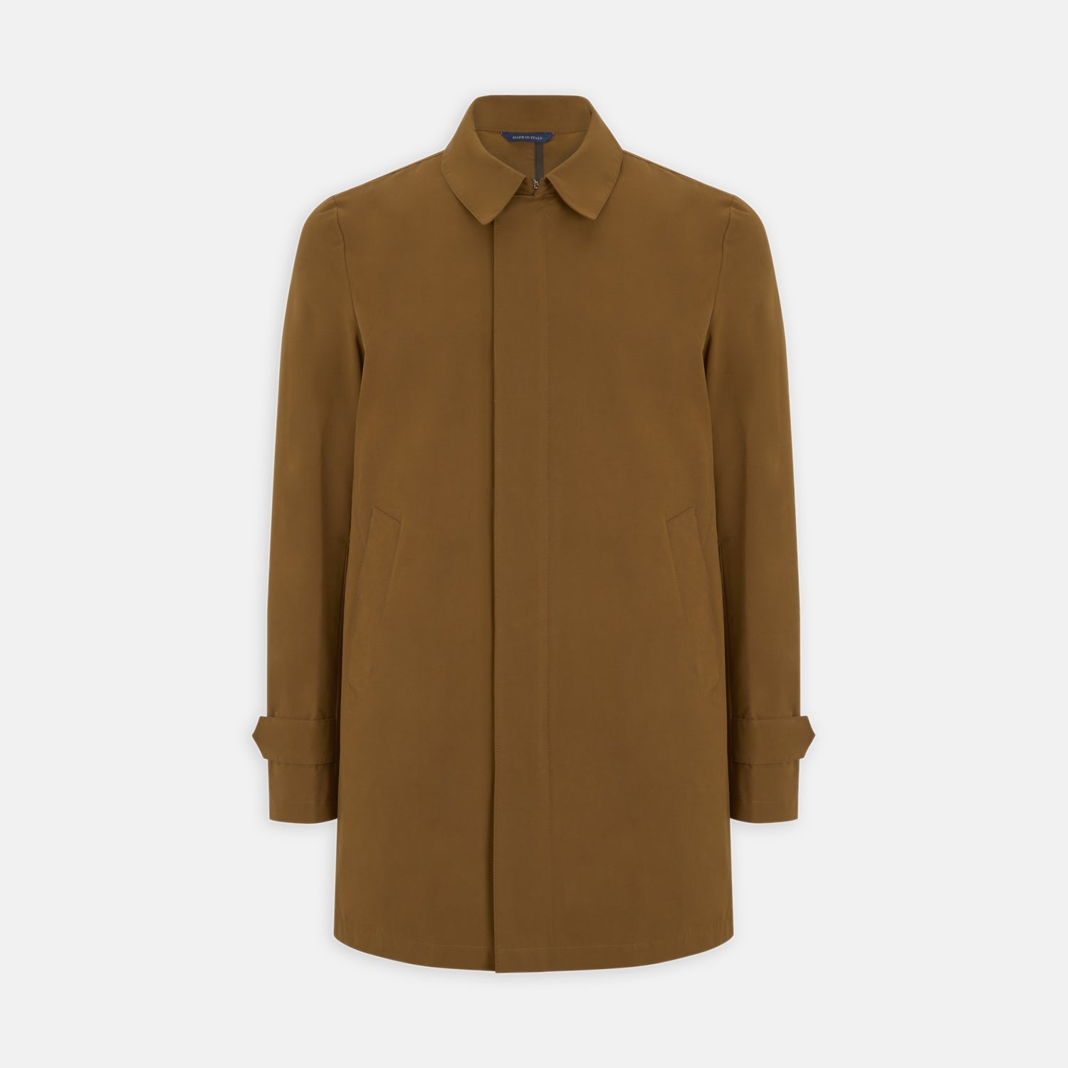 View 1 of product The Turnbull & Asser Dark Khaki Cotton Car Coat features a classic collar, long sleeves, front welt pockets, tailored fit, and concealed button closure in a knee-length modern design, shown against a plain white background.